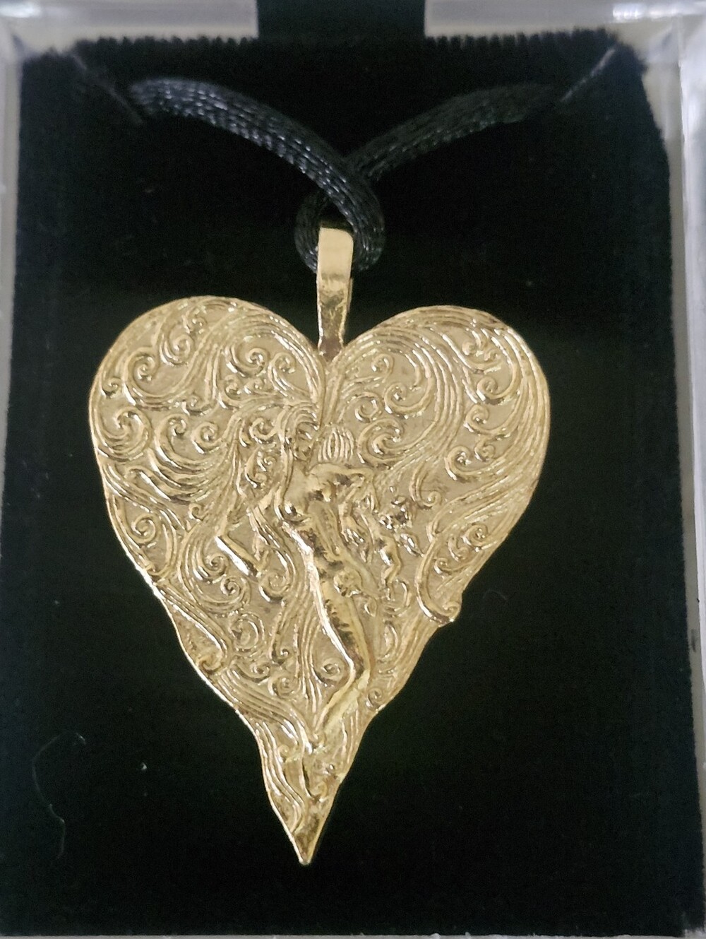 Art Deco Erte "Sevenart Art Nouveau" Gold Plated Heart Pendant Necklace SilkCord